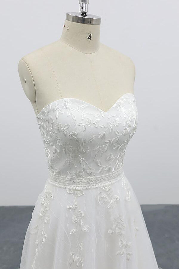 Strapless Long Tulle Chapel Train Lace A-line Wedding Dress