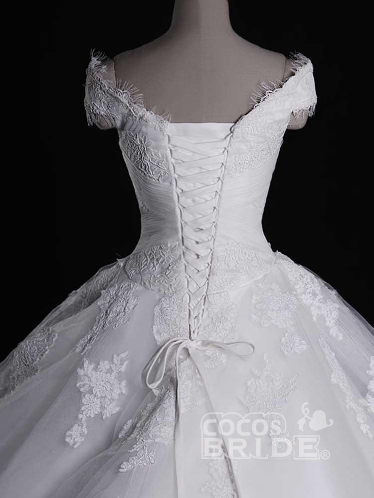 Gorgeous Long Off the Shoulder Lace Tulle Ball Gown Ruffles Wedding Dresses