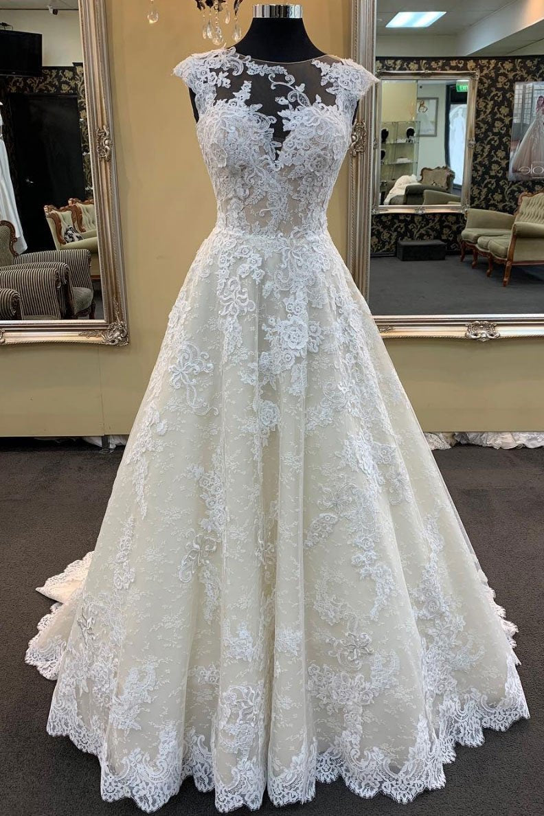 Ivory A-line Long Lace Round Neck Cap Sleeve Sweep Train Wedding Dress