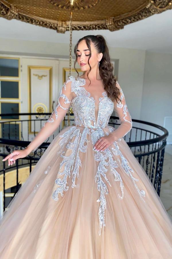 Long Sleeve A Line Champagne Appliques Tulle Wedding Dress with Ruffles