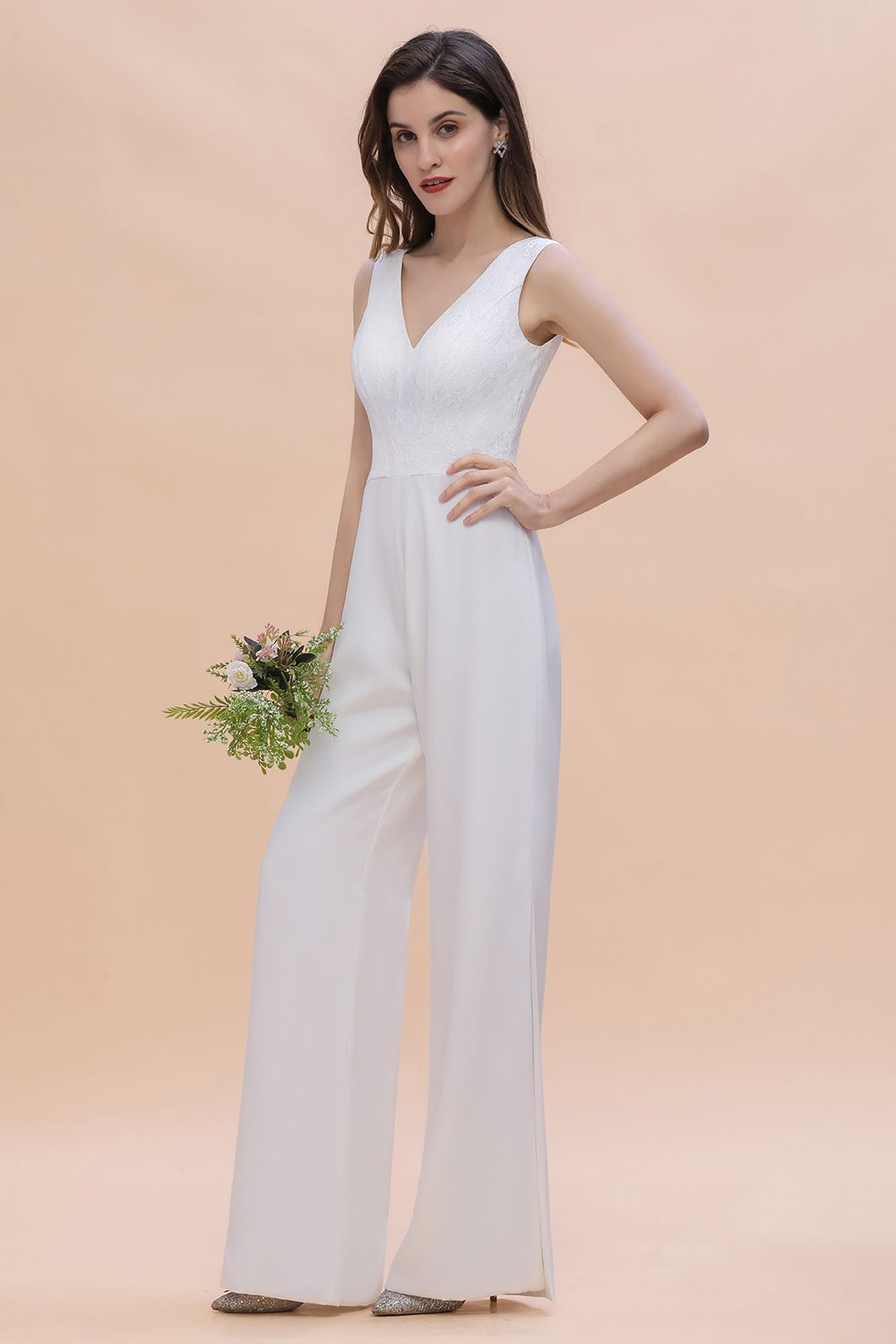 Chic White Deep V-neck Bridesmaid Dress Backless Floor Length Jumpsuit