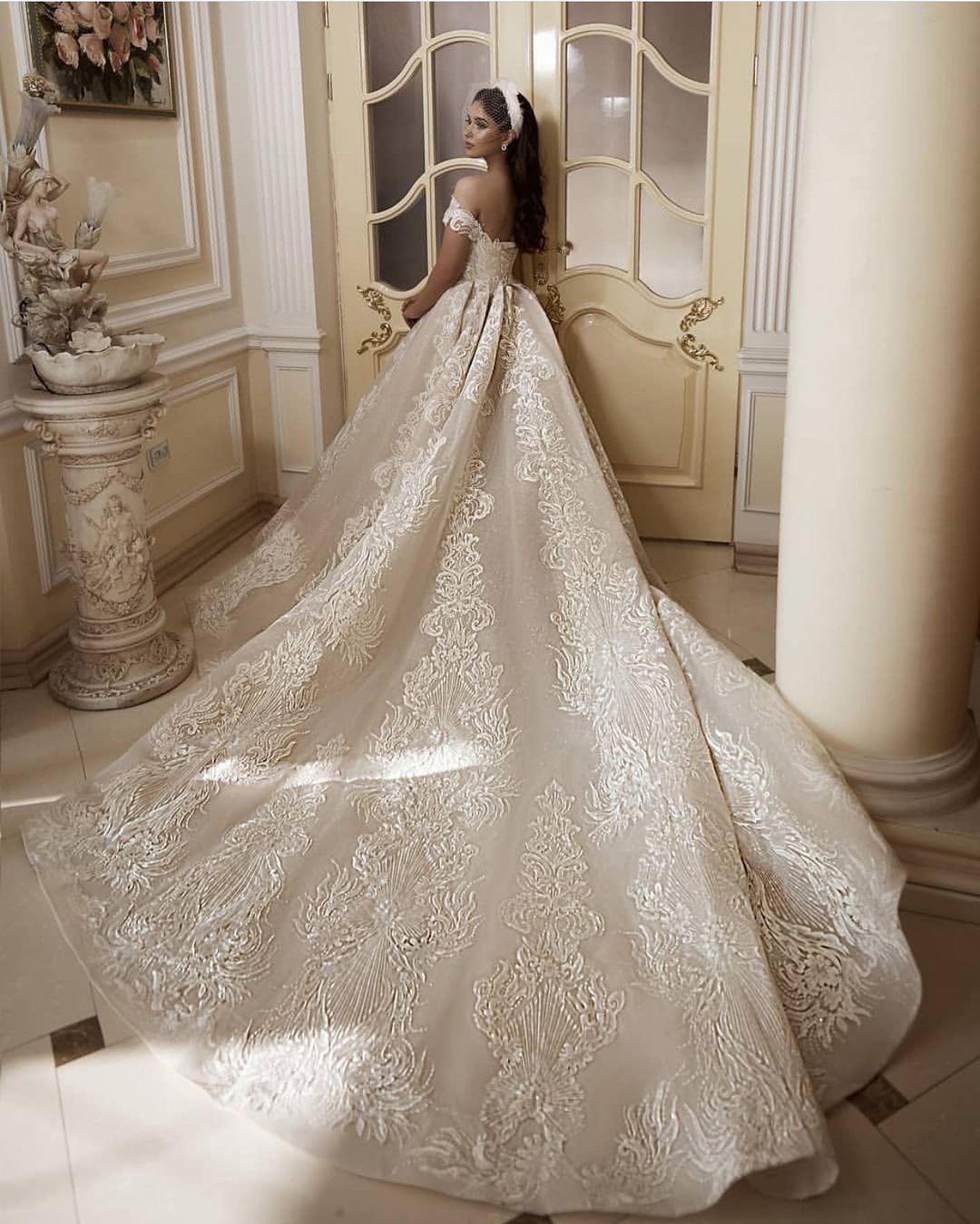 Long Off the Shoulder Appliques Lace Floor Length Church A-Line Wedding Dress