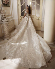 Long Off the Shoulder Appliques Lace Floor Length Church A-Line Wedding Dress