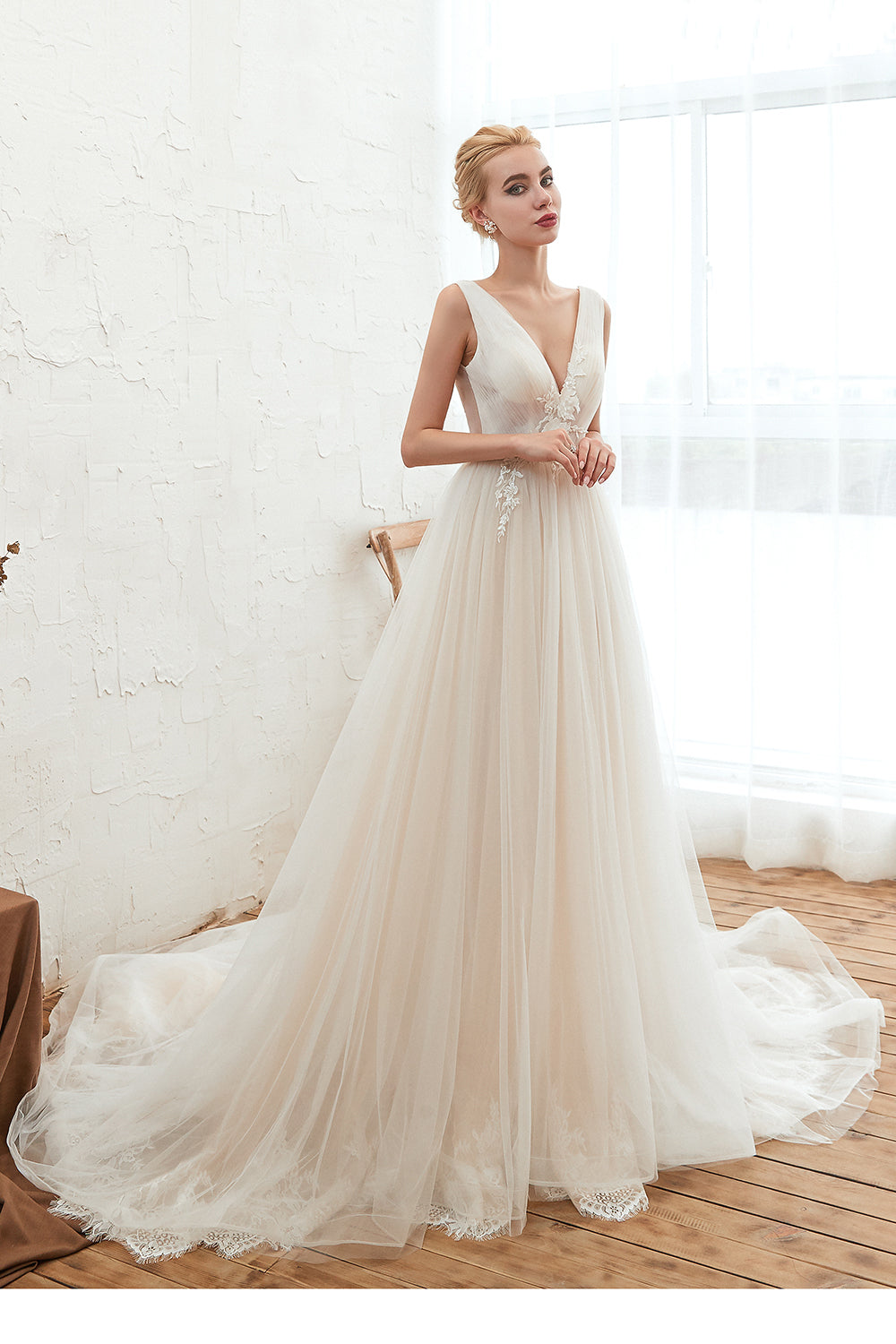 Long Wide Straps Deep V-neck A-Line Floor Length Tulle Wedding Dress