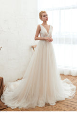 Long Wide Straps Deep V-neck A-Line Floor Length Tulle Wedding Dress
