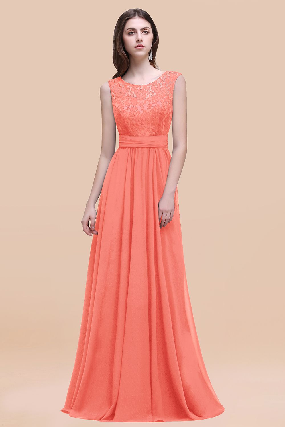Elegant A-line Chiffon Lace Scoop Sleeveless Floor Length Bridesmaid Dress