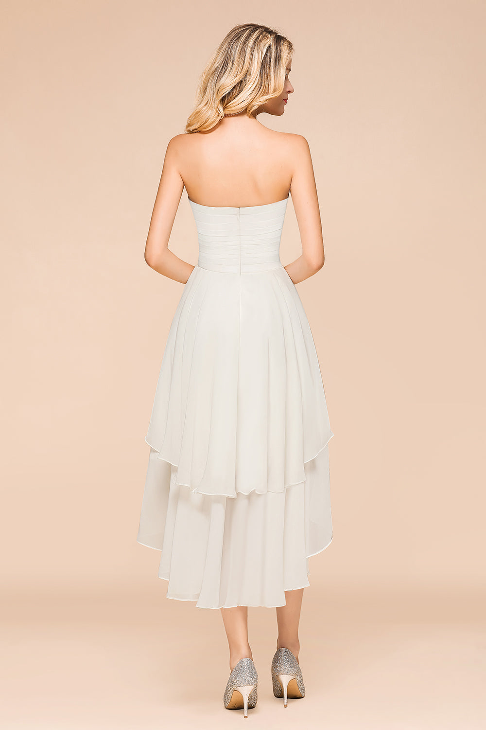 Vintage White Strapless A-line High Low Chiffon Backless Bridesmaid Dresses
