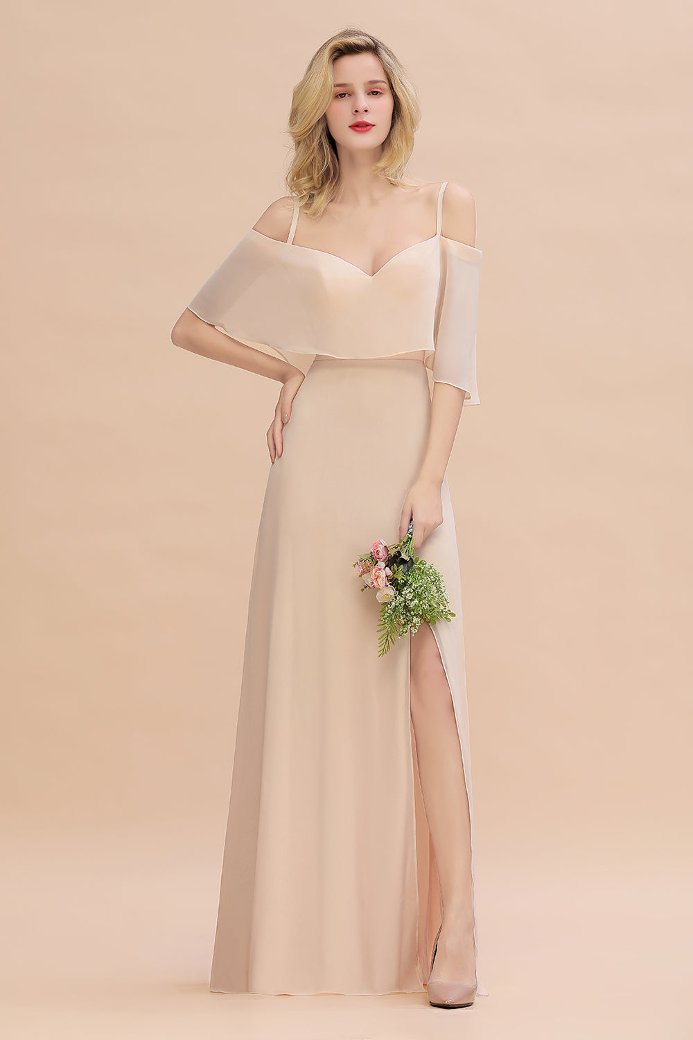 Long A-line Off the Shoulder Chiffon Spaghetti Straps Side Split Bridesmaid Dress