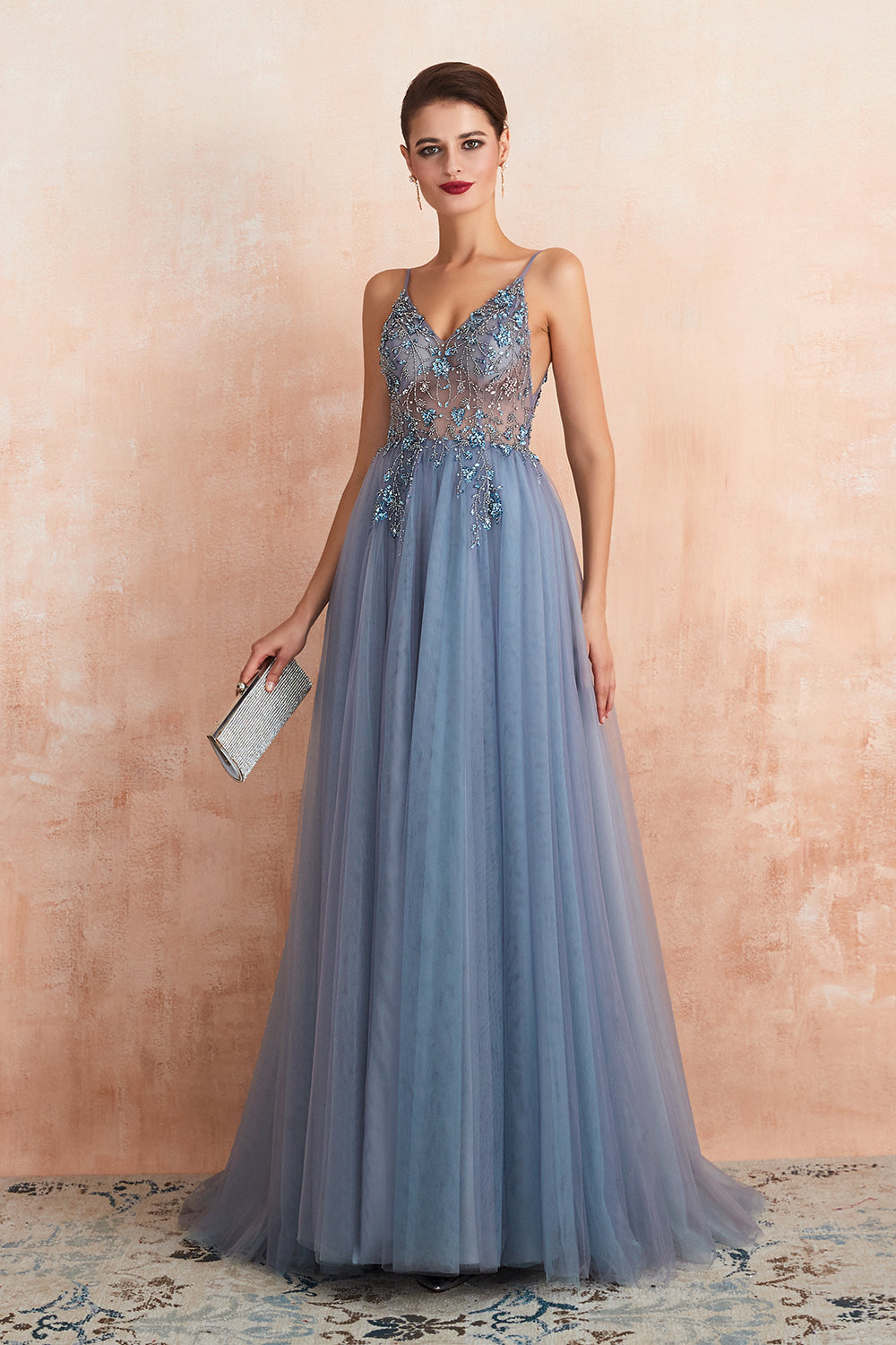 Long V-neck Tulle Beaded A-line Prom Dress with Slit