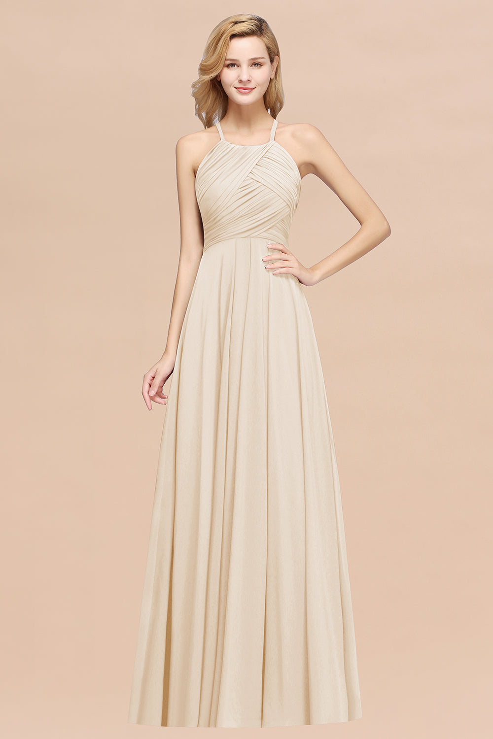 A-Line Chiffon Halter Ruffles Floor Length Bridesmaid Dress