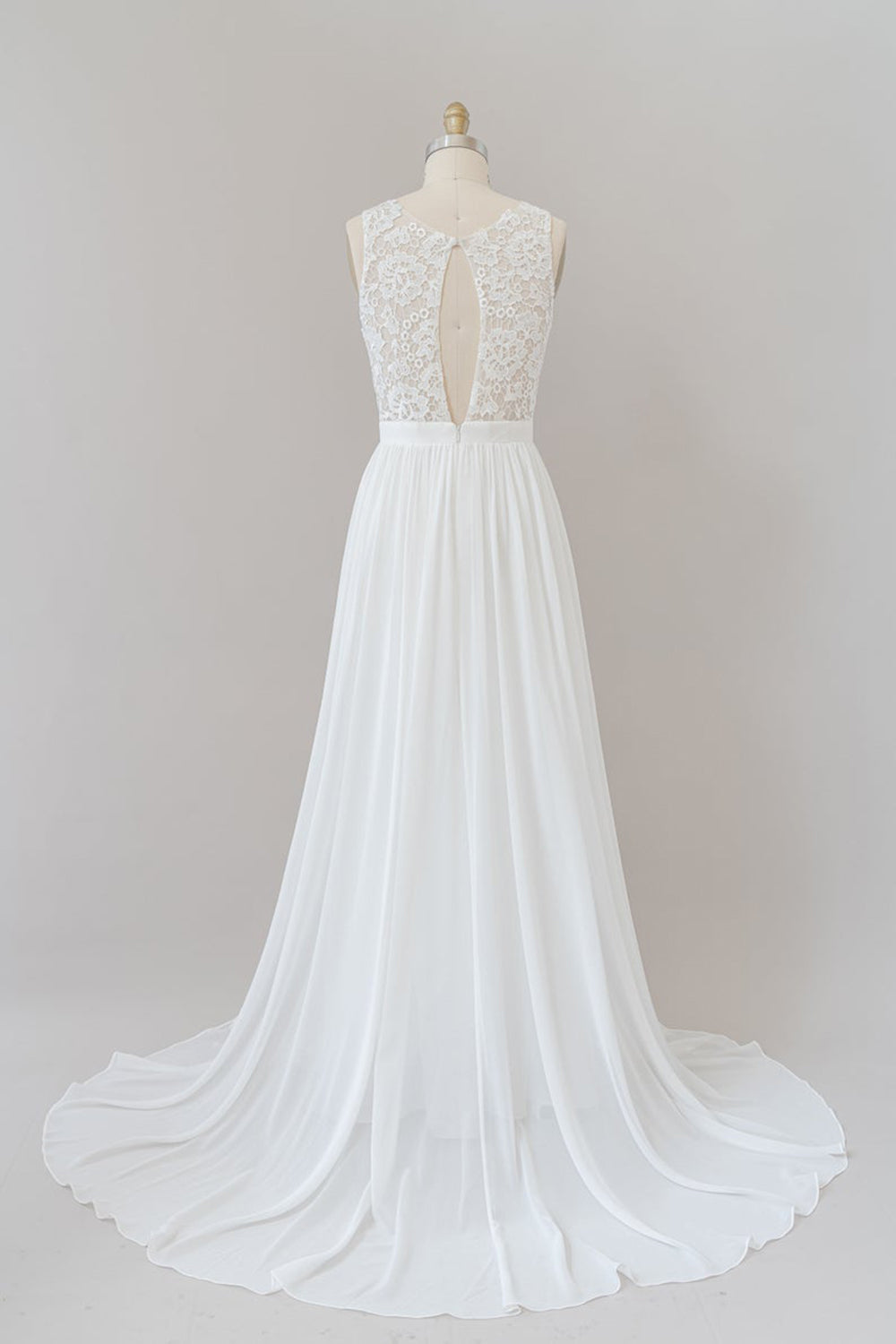 White Long A-line Straps Chiffon Lace Boho Wedding Dresses