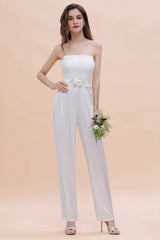 Classy Strapless Floor Length Bridesmaid Dress Backless Jumpsuit With Flower Embellishment
