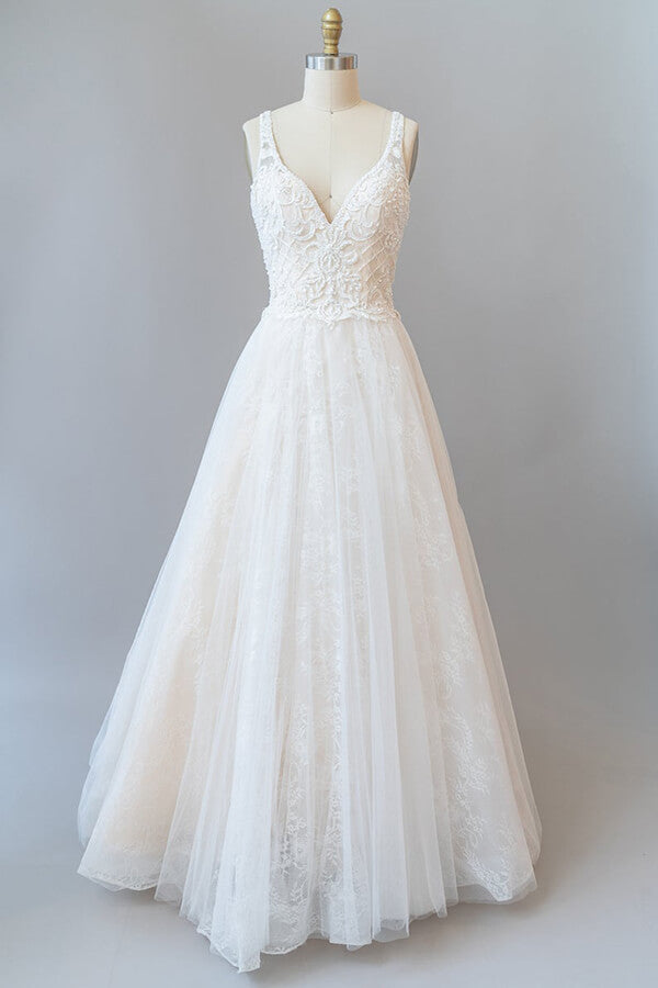 Long A-line V-neck Backless Appliques Tulle Chapel Train Wedding Dress