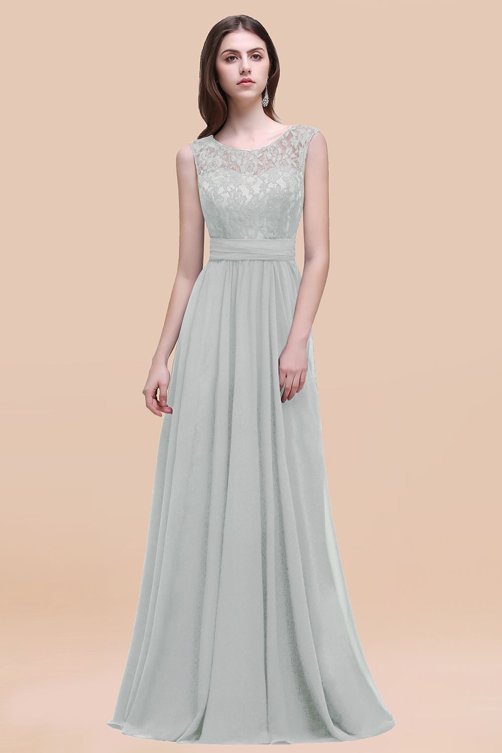 Elegant A-line Chiffon Lace Scoop Sleeveless Floor Length Bridesmaid Dress