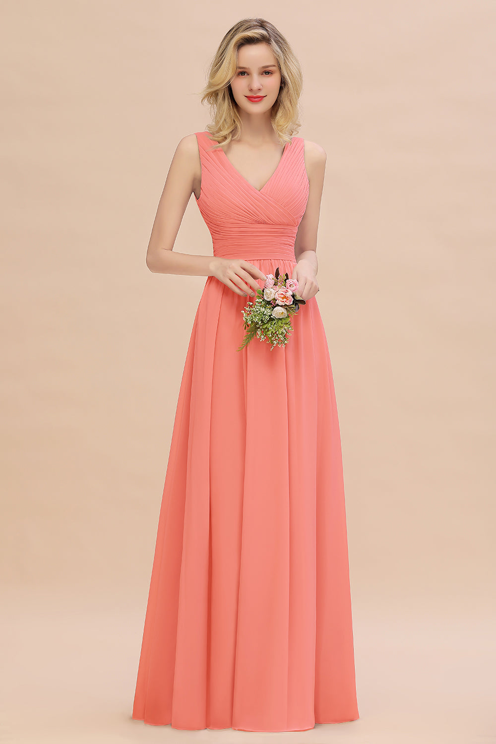 Elegant A-line V-Neck Ruffles Long Bridesmaid Dress