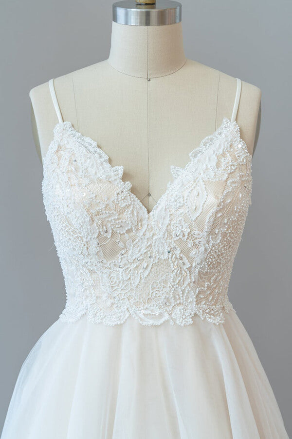 Long Sweetheart Spaghetti Strap Lace Tulle A-line Wedding Dress