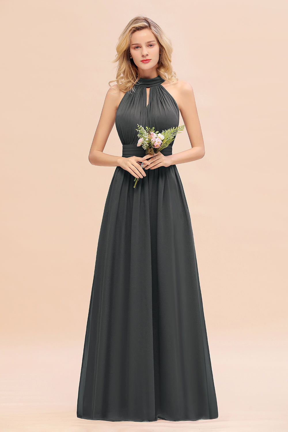Dusty Sage Long High Neck Chiffon Bridesmaid Dresses with Ruffle