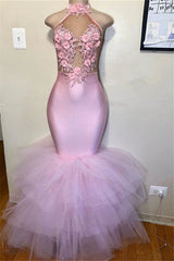 Long Halter Satin Tulle Flower Mermaid Prom Dress