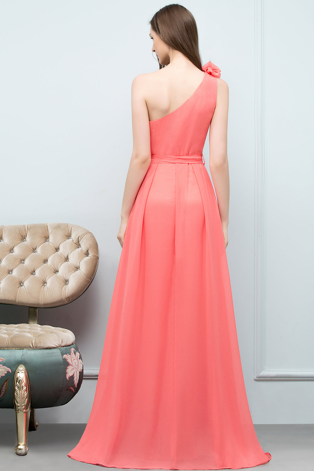 A-line Chiffon One Shoulder Sleeveless Floor Length Bridesmaid Dress with Bow Sash