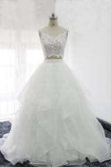 Elegant White Tulle Ball Gown Two Pieces Long Wedding Dress