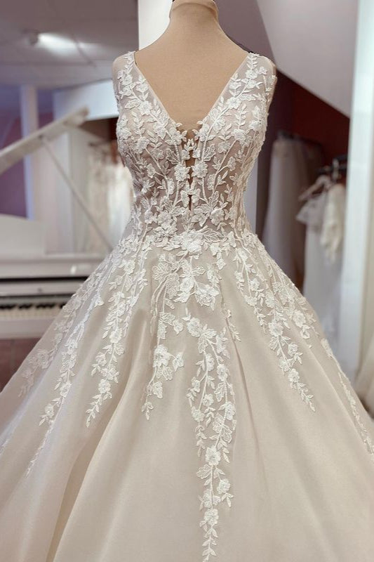 Long Sweetheart Wide Straps A-Line Appliques Lace Backless Ruffles Wedding Dress
