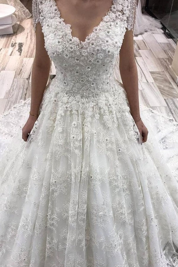 Classy Long A-Line Deep V-neck Appliques Lace Floor Length Wedding Dress