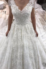 Classy Long A-Line Deep V-neck Appliques Lace Floor Length Wedding Dress