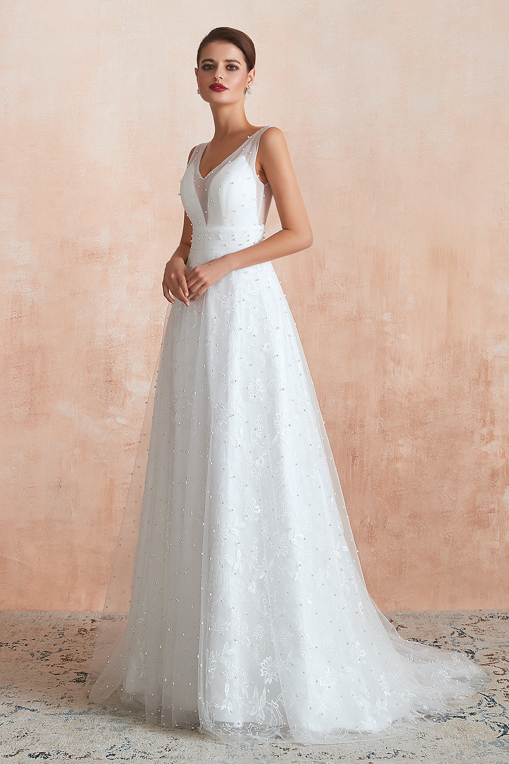 Elegant Long V-neck Tulle A-line White Wedding Dress