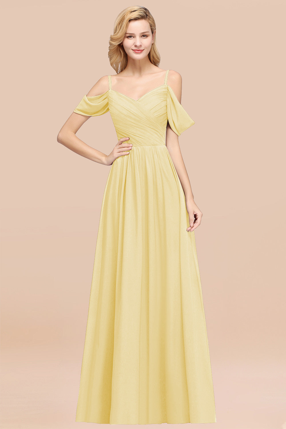 A-Line Chiffon V-Neck Spaghetti Straps Short Sleeves Floor Length Bridesmaid Dresses with Ruffles