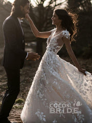 Long Lace V Neck Backless A Line Wedding Dresses with Short Sleeve