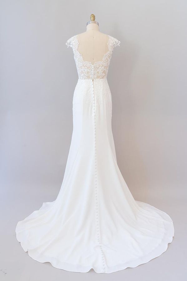 Long Mermaid Lace Chiffon Wedding Dress es with Cap Sleeve