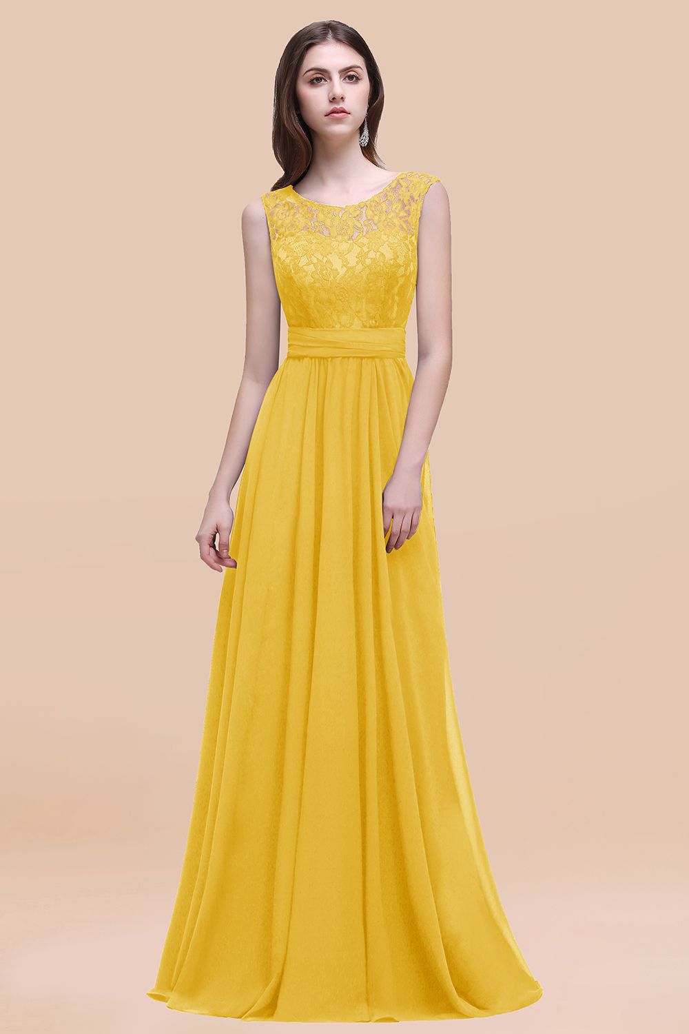 Elegant A-line Chiffon Lace Scoop Sleeveless Floor Length Bridesmaid Dress