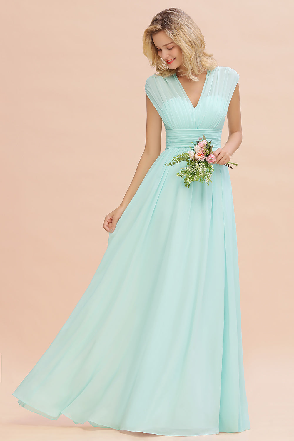Chiffon V-Neck Sleeveless Elegant A-line Ruffles Bridesmaid Dress