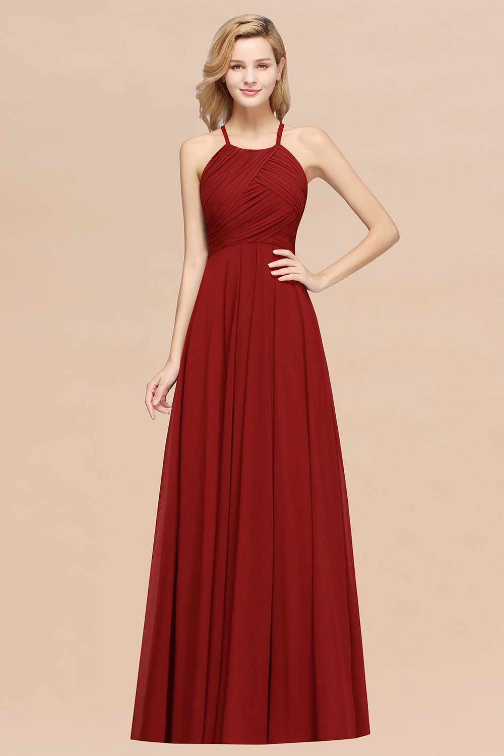 A-Line Chiffon Halter Ruffles Floor Length Bridesmaid Dress