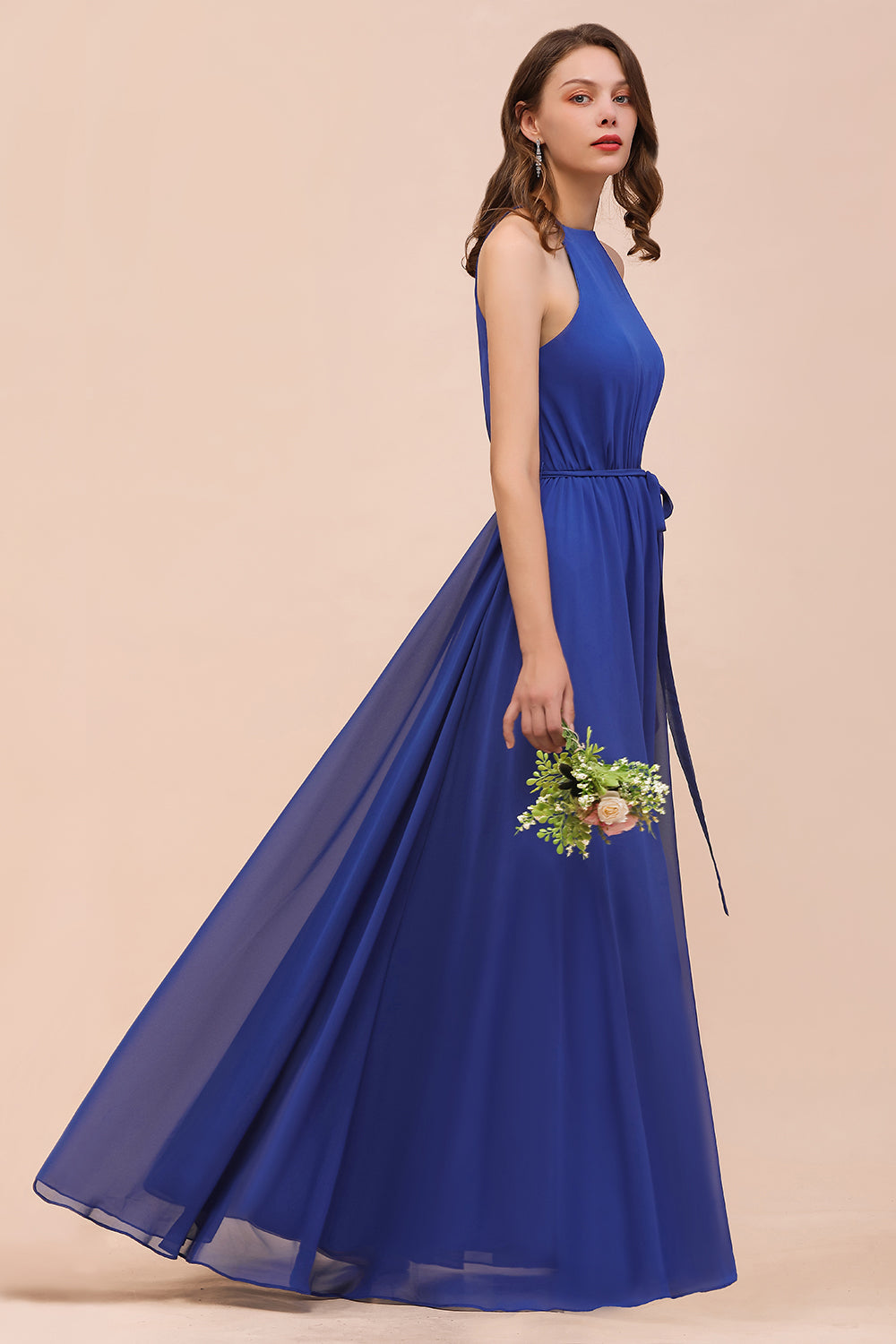 Royal Blue Halter Bridesmaid Dress A-Line Chiffon Floor Length Wedding Guest Dres