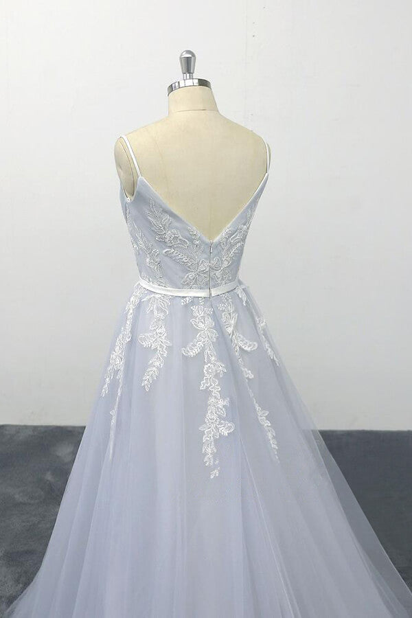 Long Applique Tulle Spaghetti Strap A-line Backless Wedding Dress