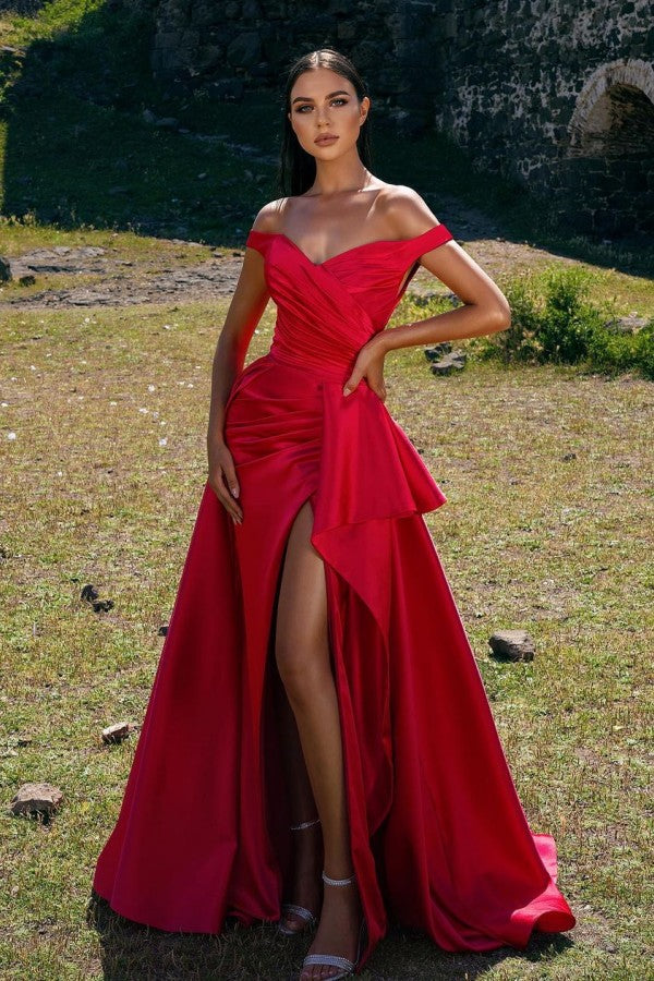 Simple Long A-line Off the Shoulder Red Prom Dress with Slit