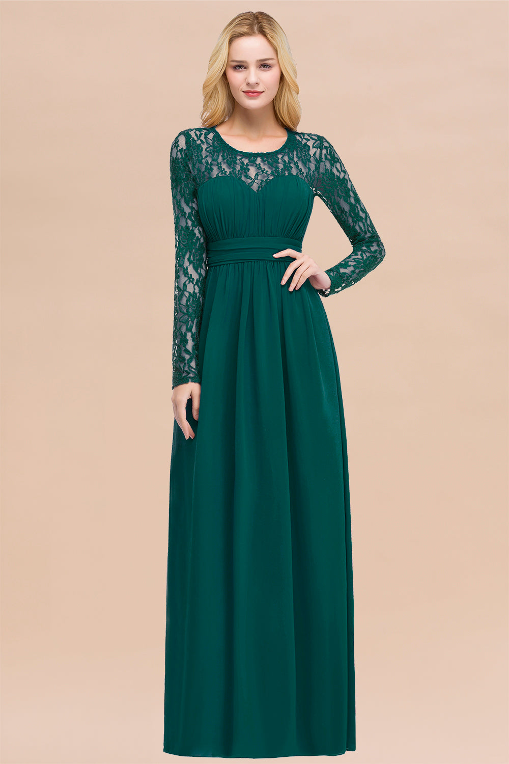 Elegant A-Line Chiffon Jewel Long Sleeves Ruffles Floor Length Bridesmaid Dresses