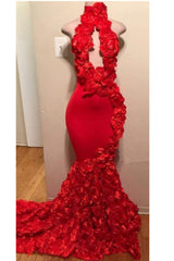 Sexy Long Flowers Halter Sleeveless Mermaid Prom Dresses