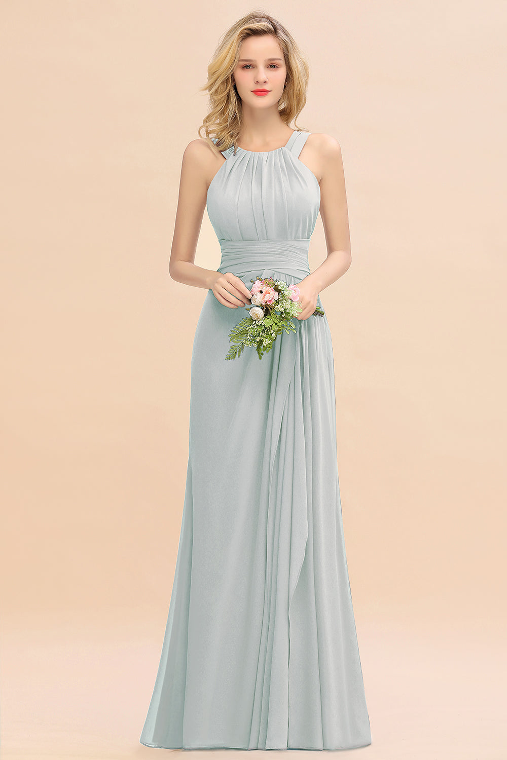 Long A-line Halter Chiffon Backless Floor Length Bridesmaid Dresses