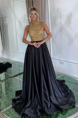 Long Balck Halter Sleeveless A-Line Satin Sequined Prom Dress