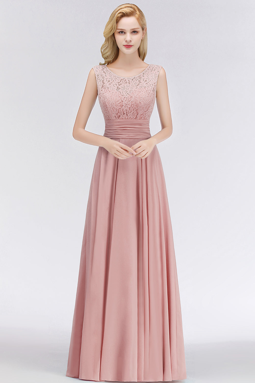 Long A-line Lace Sleeveless Chiffon Floor Length Bridesmaid Dress