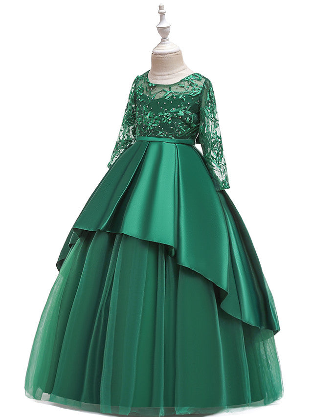 Long Ball Gown Satin Tulle Flower Girl Dresses with Sleeves