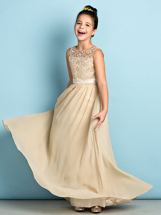 Long A-Line Scoop Neck Floor Length Chiffon Lace Junior Bridesmaid Dress
