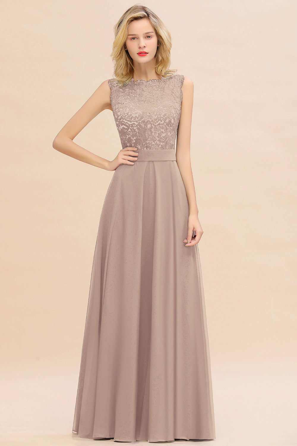 Long A-line Chiffon Lace Sleeveless Bridesmaid Dresses