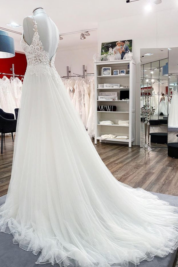 Classy Long A-line Tulle V Neck Sleeveless Ruffles Wedding Dress With Lace