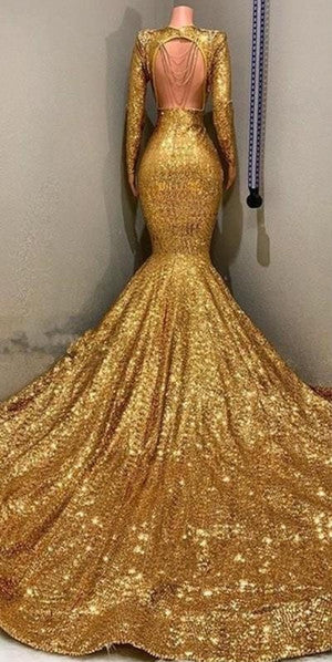 Gorgeous Mermaid Sequins Long Sleeves Floor Length Prom Dresses