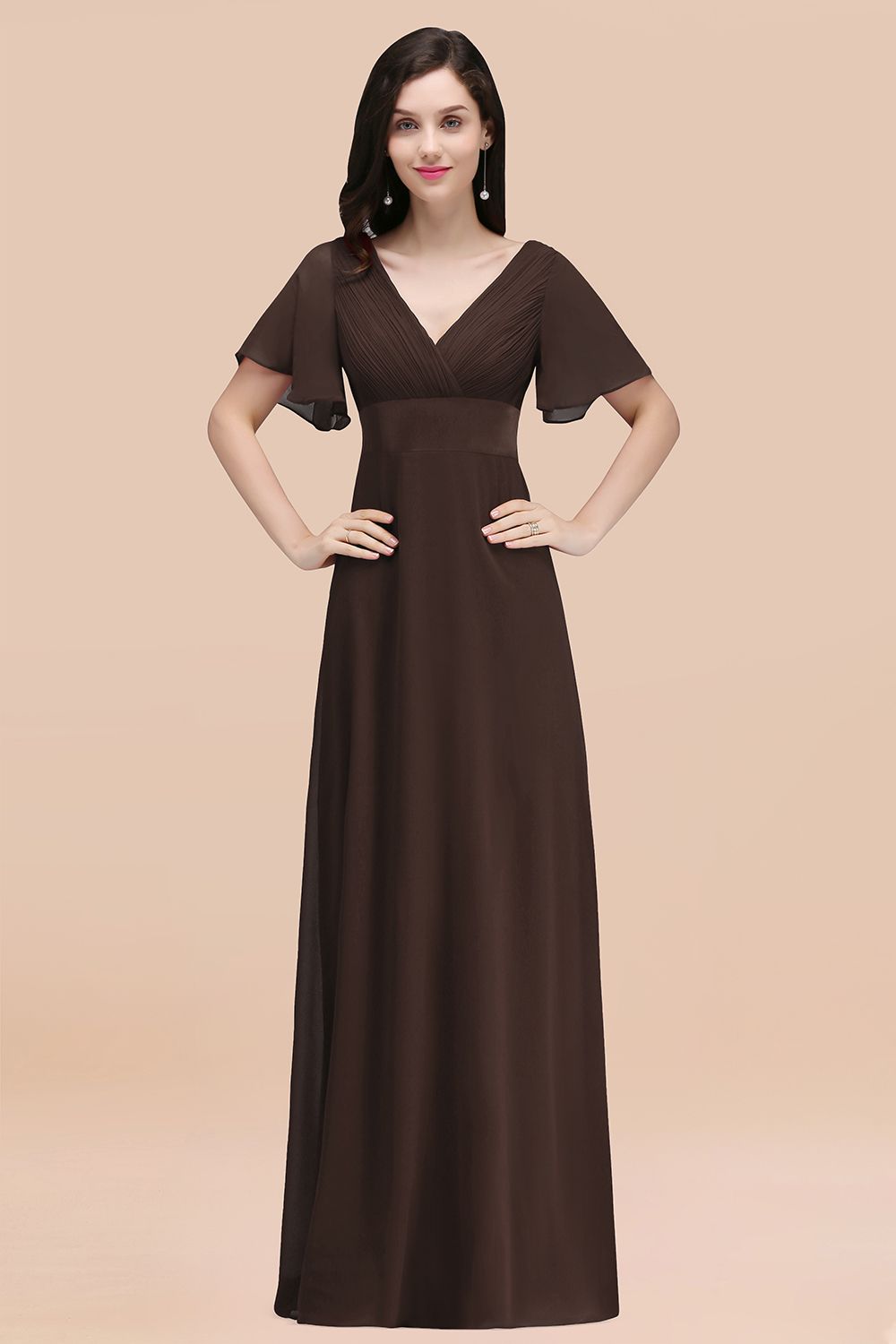 Simple A-Line Chiffon V-Neck Short Sleeves Ruffles Floor Length Bridesmaid Dresses