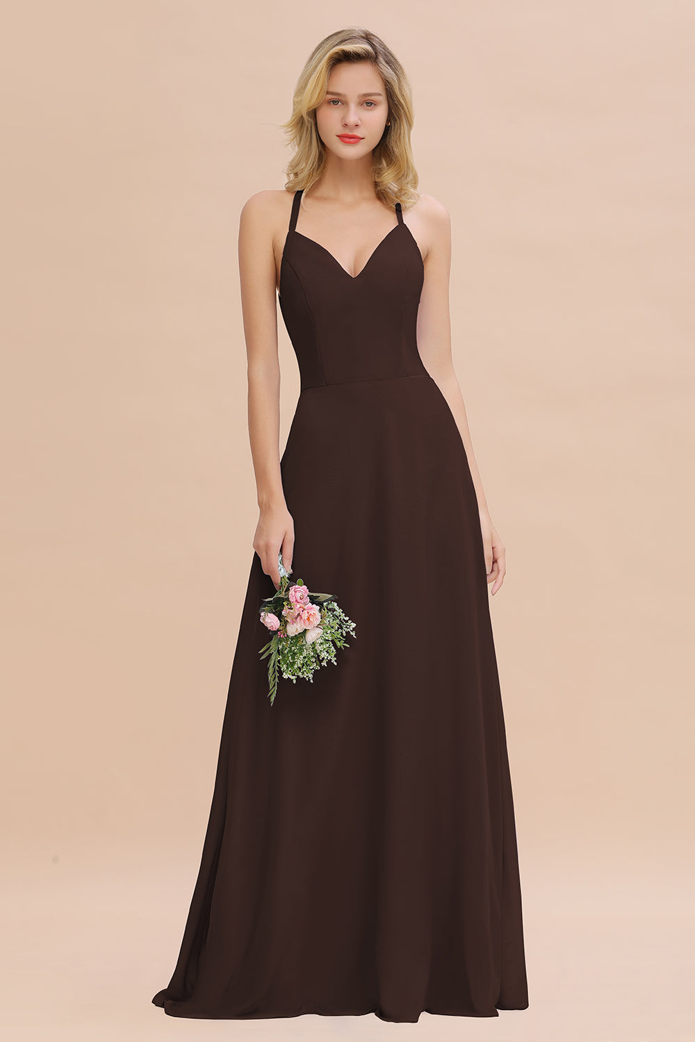 Stylish Chiffon Spaghetti Straps Sleeveless Long Bridesmaid Dress