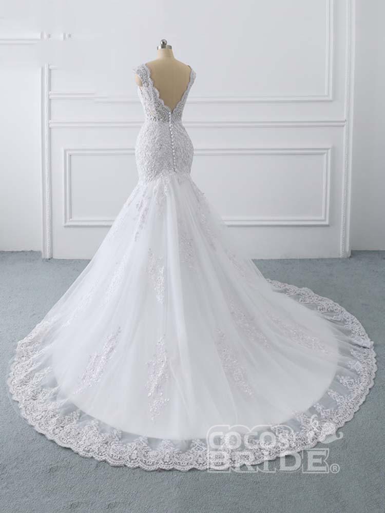 Long V-Neck Mermaid Tulle Lace Wedding Dresses